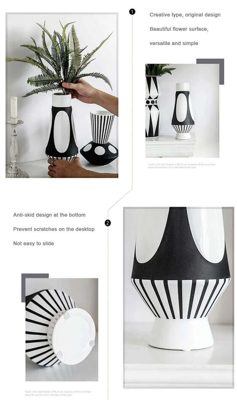 Black and White Ceramic Vases with Hand-Painted Stripes