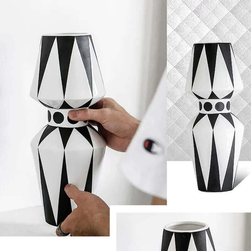 Black and White Ceramic Vases with Hand-Painted Stripes