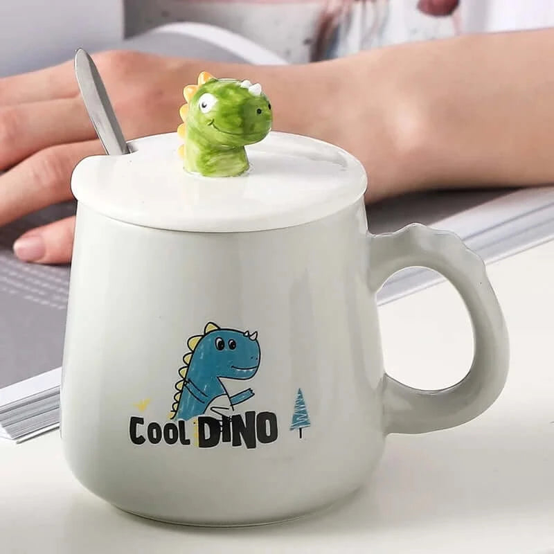 Cute Dinosaur Ceramic Cup for Kids with Lid & Spoon - Fun & Practical
