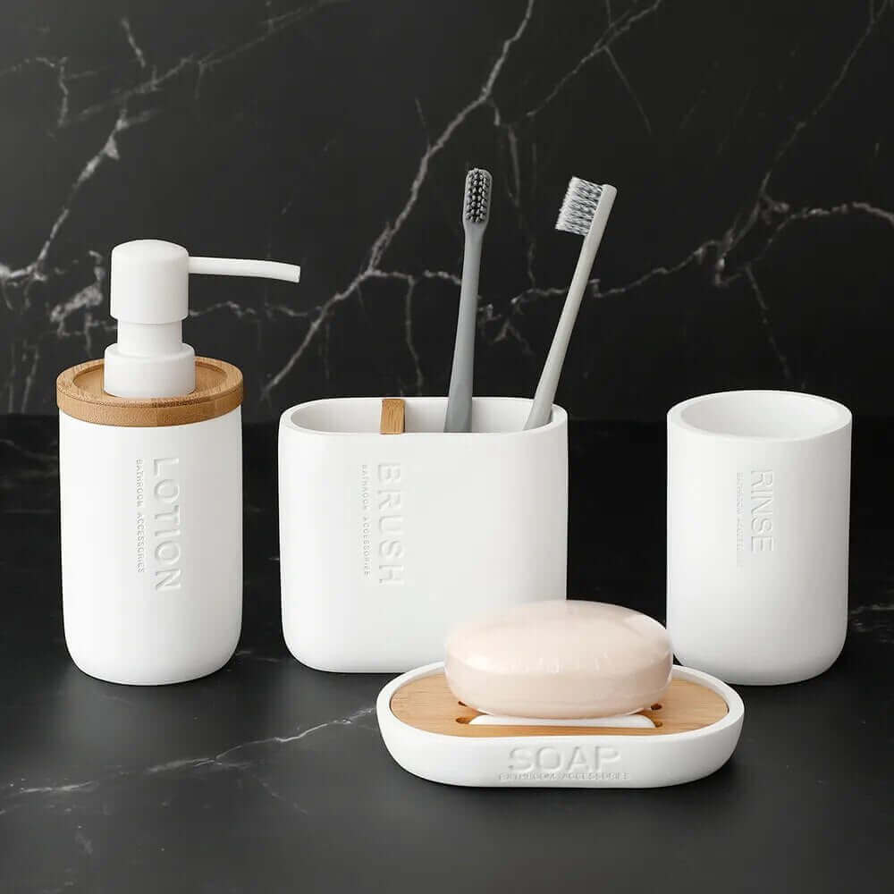 Set of designer bathroom accessories in black or white