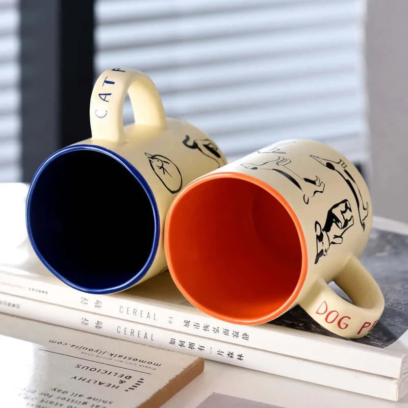 Large creative Ceramic Coffee Mug with Cat & Dog Design