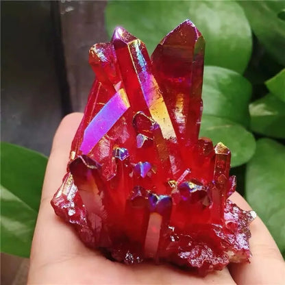 Natural Quartz Red Aura Crystal Titanium Cluster Specimen Healing Stone