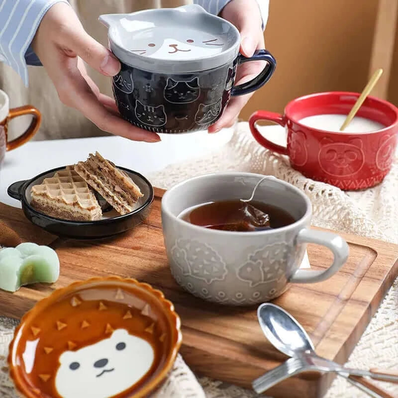 Cute Cat & Shiba Inu Ceramics Coffee Cup with Lid