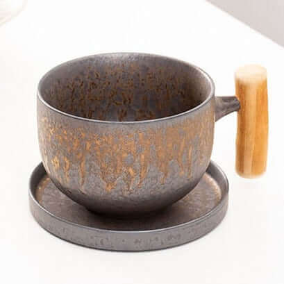 Japanese Retro Mug with Rust Glaze and Wooden Handle