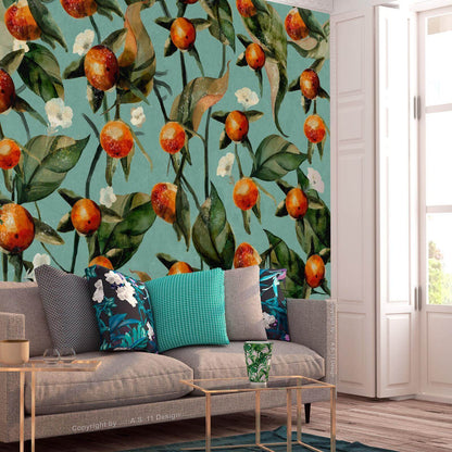 Wall Mural - Orange grove - plant motif with fruit and leaves on a blue background
