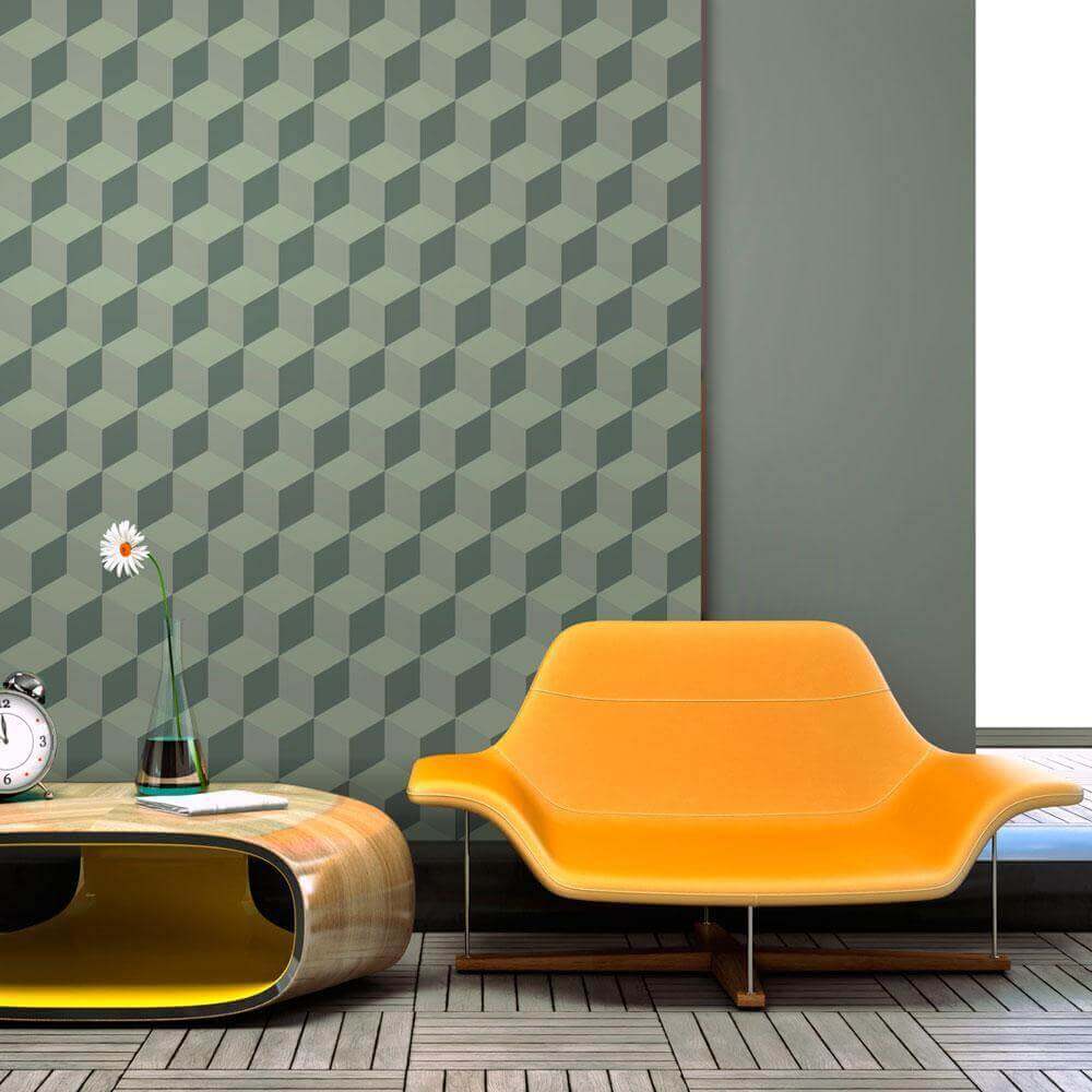 Monochromatic Cubes - Trendy 3D Wallpaper in Subdued Greens. Shop Now!, Nauradika, background