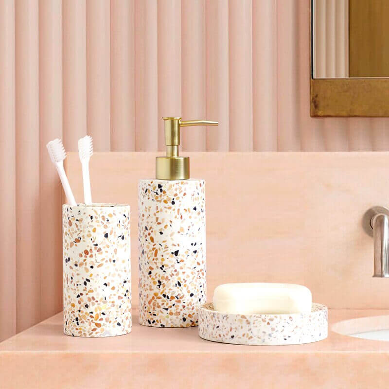 3 Pieces Terrazzo Ceramic Bathroom Set, Nauradika of London, 14days, autopostr_pinterest_51712, bath, bathroom, bathroom accessories, lotion dispenser, soap dish, terrazzo